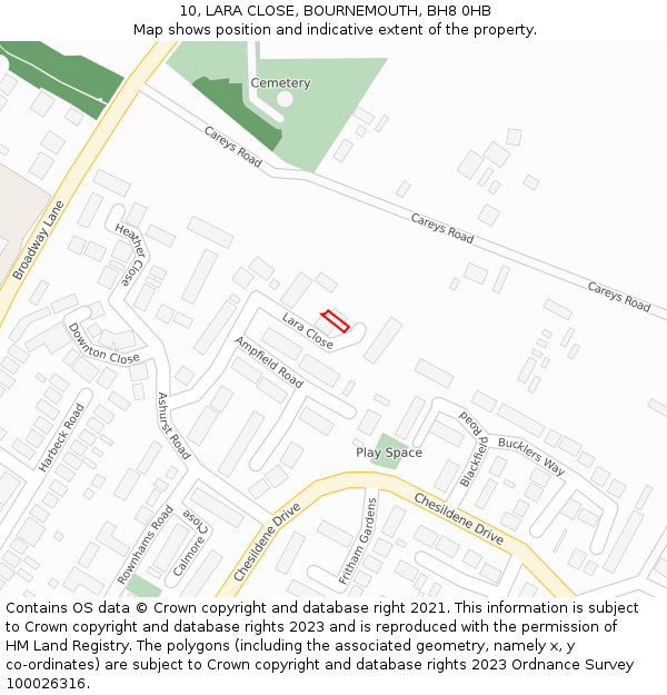 10, LARA CLOSE, BOURNEMOUTH, BH8 0HB: Location map and indicative extent of plot