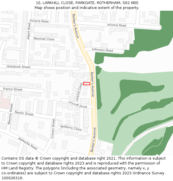 10, LARKHILL CLOSE, PARKGATE, ROTHERHAM, S62 6BS: Location map and indicative extent of plot