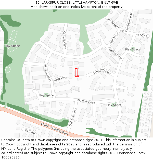 10, LARKSPUR CLOSE, LITTLEHAMPTON, BN17 6WB: Location map and indicative extent of plot