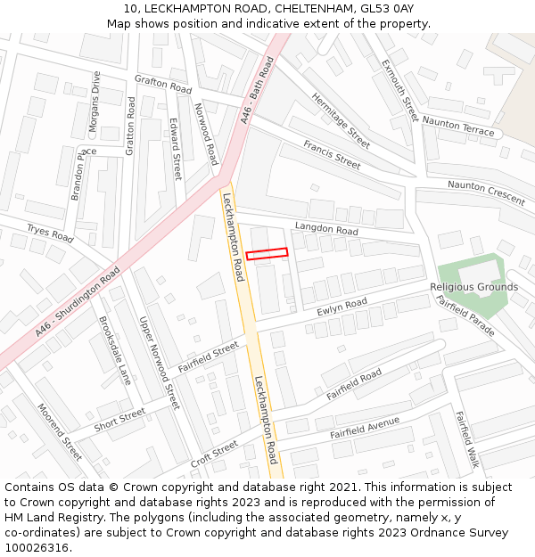 10, LECKHAMPTON ROAD, CHELTENHAM, GL53 0AY: Location map and indicative extent of plot