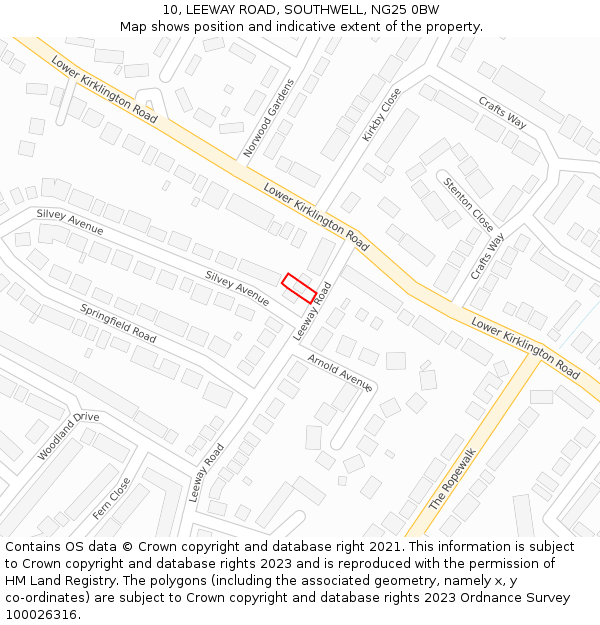 10, LEEWAY ROAD, SOUTHWELL, NG25 0BW: Location map and indicative extent of plot