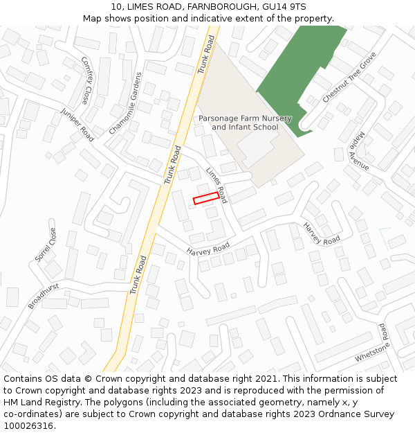 10, LIMES ROAD, FARNBOROUGH, GU14 9TS: Location map and indicative extent of plot