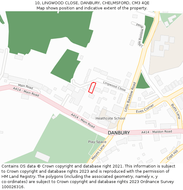 10, LINGWOOD CLOSE, DANBURY, CHELMSFORD, CM3 4QE: Location map and indicative extent of plot