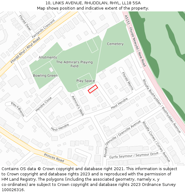 10, LINKS AVENUE, RHUDDLAN, RHYL, LL18 5SA: Location map and indicative extent of plot