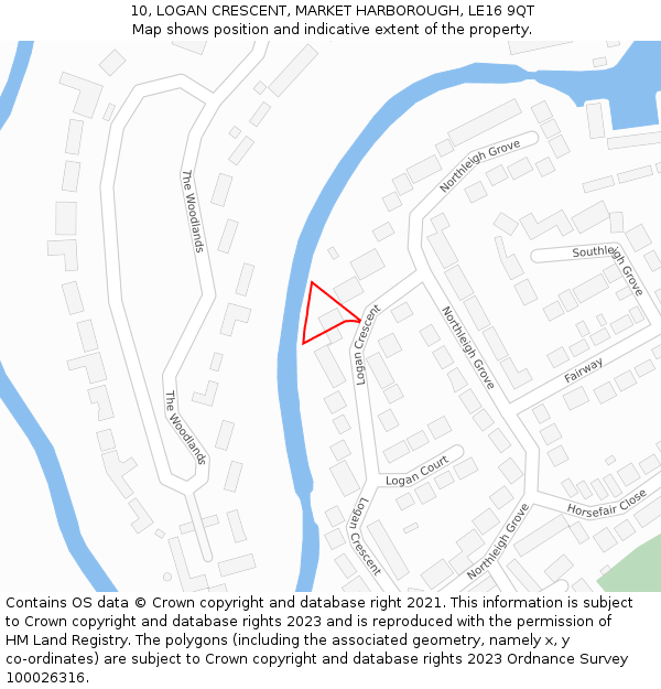 10, LOGAN CRESCENT, MARKET HARBOROUGH, LE16 9QT: Location map and indicative extent of plot