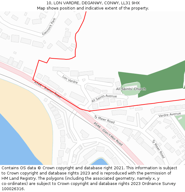 10, LON VARDRE, DEGANWY, CONWY, LL31 9HX: Location map and indicative extent of plot