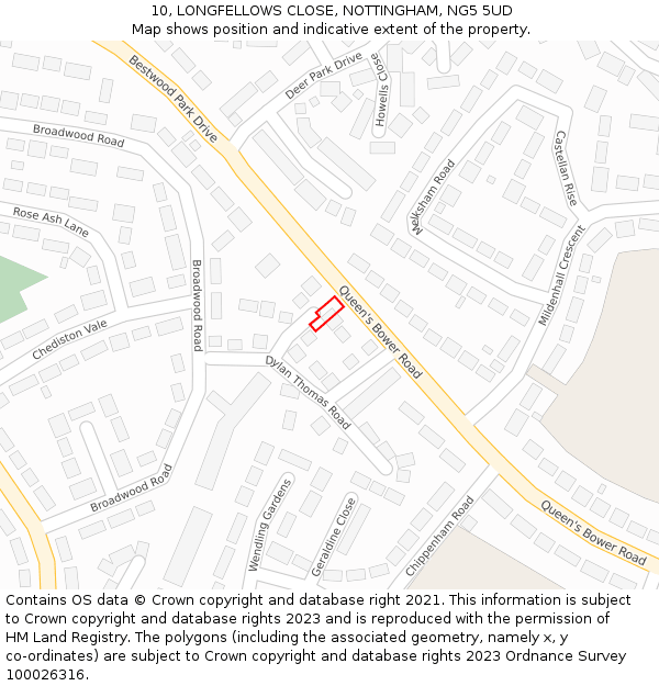 10, LONGFELLOWS CLOSE, NOTTINGHAM, NG5 5UD: Location map and indicative extent of plot