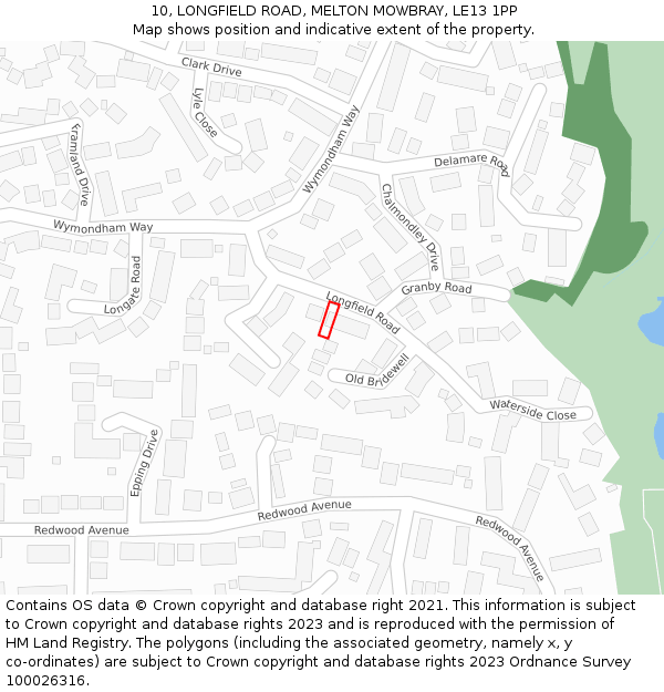 10, LONGFIELD ROAD, MELTON MOWBRAY, LE13 1PP: Location map and indicative extent of plot
