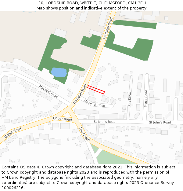 10, LORDSHIP ROAD, WRITTLE, CHELMSFORD, CM1 3EH: Location map and indicative extent of plot