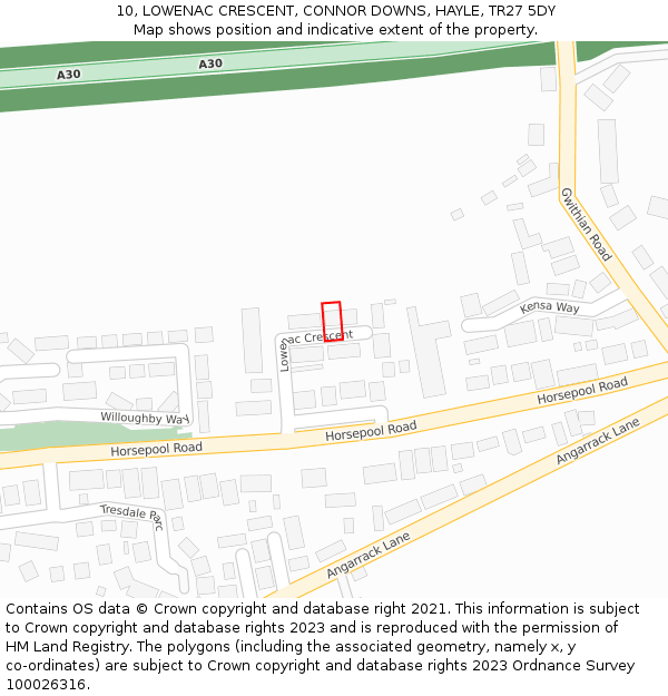 10, LOWENAC CRESCENT, CONNOR DOWNS, HAYLE, TR27 5DY: Location map and indicative extent of plot