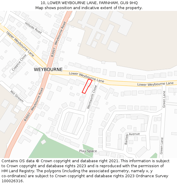 10, LOWER WEYBOURNE LANE, FARNHAM, GU9 9HQ: Location map and indicative extent of plot