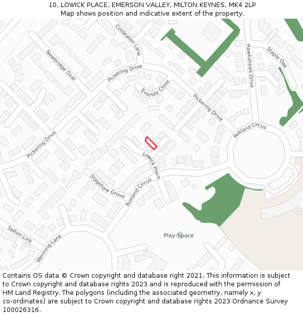 10, LOWICK PLACE, EMERSON VALLEY, MILTON KEYNES, MK4 2LP: Location map and indicative extent of plot