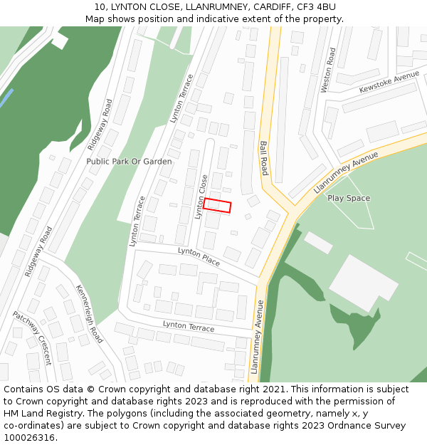 10, LYNTON CLOSE, LLANRUMNEY, CARDIFF, CF3 4BU: Location map and indicative extent of plot