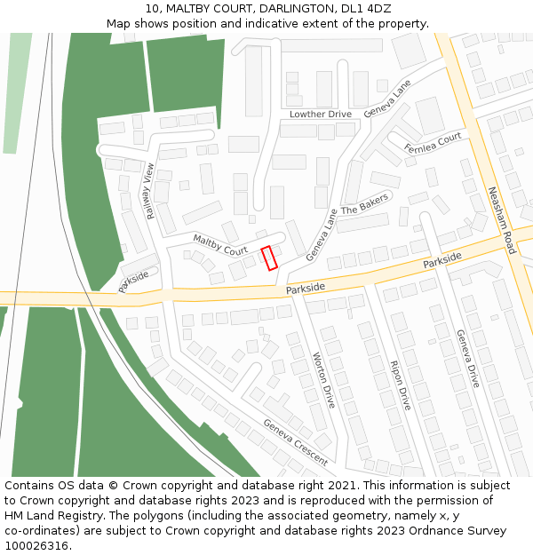 10, MALTBY COURT, DARLINGTON, DL1 4DZ: Location map and indicative extent of plot