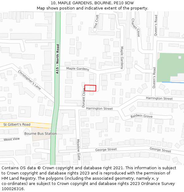 10, MAPLE GARDENS, BOURNE, PE10 9DW: Location map and indicative extent of plot