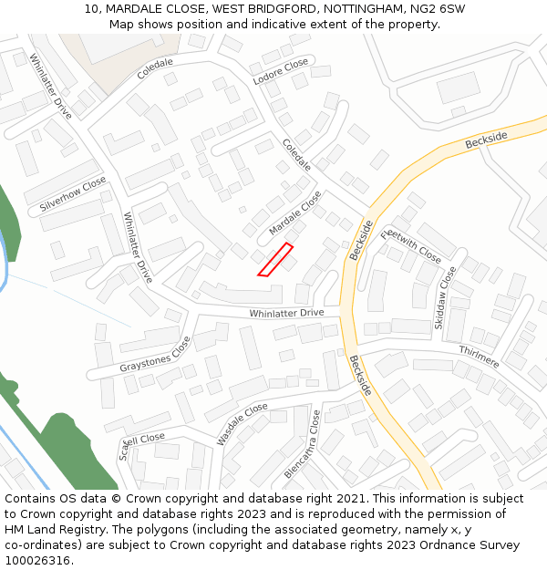 10, MARDALE CLOSE, WEST BRIDGFORD, NOTTINGHAM, NG2 6SW: Location map and indicative extent of plot