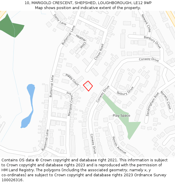 10, MARIGOLD CRESCENT, SHEPSHED, LOUGHBOROUGH, LE12 9WP: Location map and indicative extent of plot