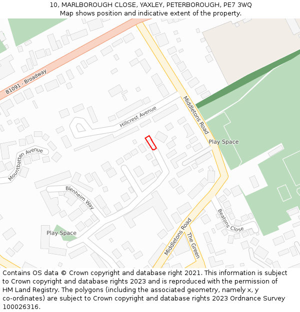 10, MARLBOROUGH CLOSE, YAXLEY, PETERBOROUGH, PE7 3WQ: Location map and indicative extent of plot