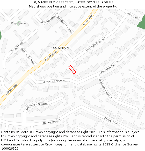 10, MASEFIELD CRESCENT, WATERLOOVILLE, PO8 8JS: Location map and indicative extent of plot