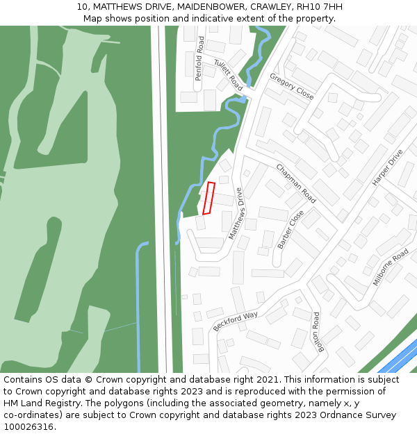 10, MATTHEWS DRIVE, MAIDENBOWER, CRAWLEY, RH10 7HH: Location map and indicative extent of plot