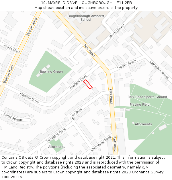 10, MAYFIELD DRIVE, LOUGHBOROUGH, LE11 2EB: Location map and indicative extent of plot