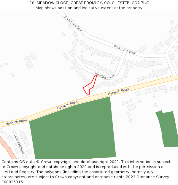 10, MEADOW CLOSE, GREAT BROMLEY, COLCHESTER, CO7 7UG: Location map and indicative extent of plot