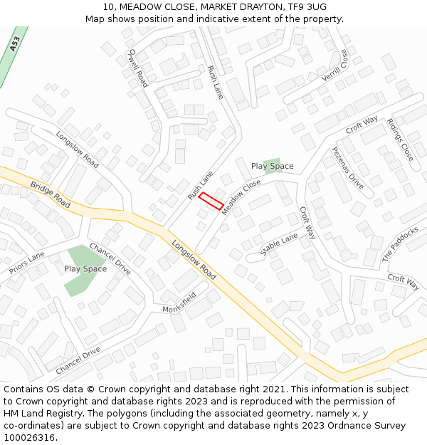 10, MEADOW CLOSE, MARKET DRAYTON, TF9 3UG: Location map and indicative extent of plot