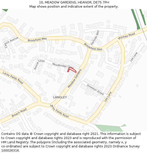 10, MEADOW GARDENS, HEANOR, DE75 7PH: Location map and indicative extent of plot