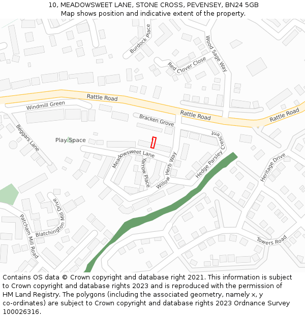 10, MEADOWSWEET LANE, STONE CROSS, PEVENSEY, BN24 5GB: Location map and indicative extent of plot