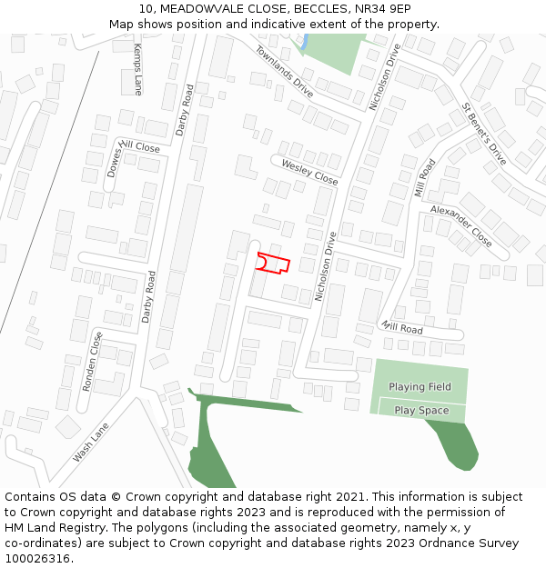 10, MEADOWVALE CLOSE, BECCLES, NR34 9EP: Location map and indicative extent of plot