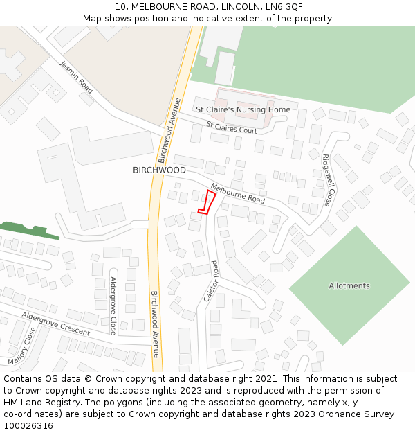 10, MELBOURNE ROAD, LINCOLN, LN6 3QF: Location map and indicative extent of plot