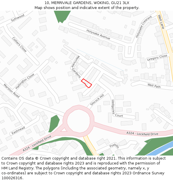10, MERRIVALE GARDENS, WOKING, GU21 3LX: Location map and indicative extent of plot