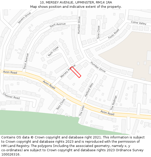 10, MERSEY AVENUE, UPMINSTER, RM14 1RA: Location map and indicative extent of plot