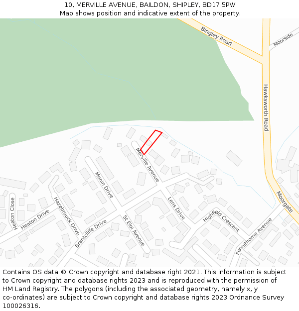 10, MERVILLE AVENUE, BAILDON, SHIPLEY, BD17 5PW: Location map and indicative extent of plot