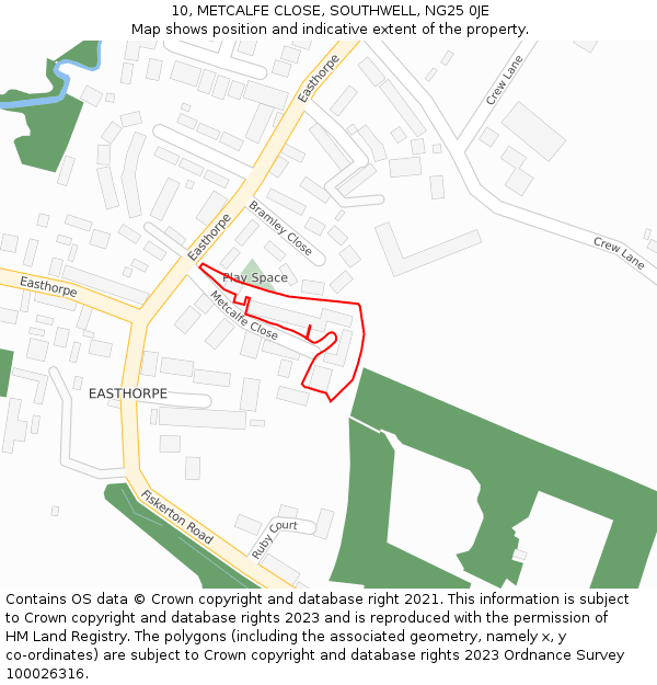 10, METCALFE CLOSE, SOUTHWELL, NG25 0JE: Location map and indicative extent of plot