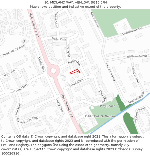 10, MIDLAND WAY, HENLOW, SG16 6FH: Location map and indicative extent of plot