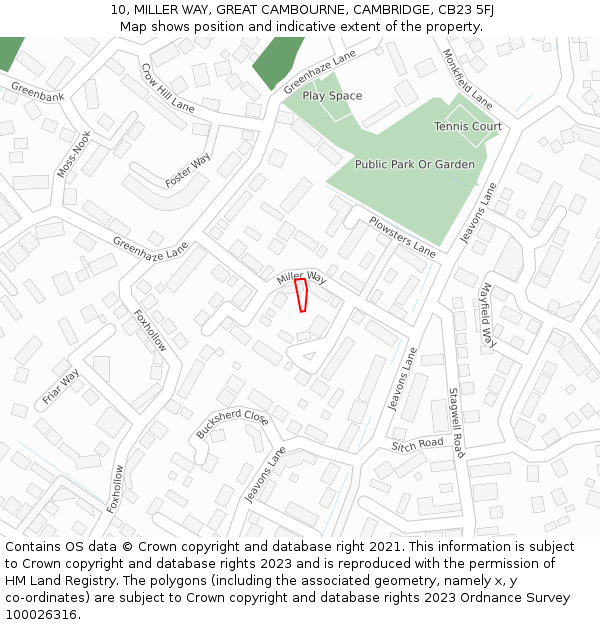 10, MILLER WAY, GREAT CAMBOURNE, CAMBRIDGE, CB23 5FJ: Location map and indicative extent of plot