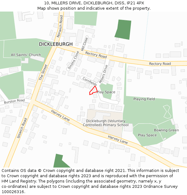 10, MILLERS DRIVE, DICKLEBURGH, DISS, IP21 4PX: Location map and indicative extent of plot
