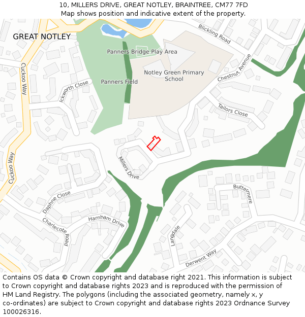 10, MILLERS DRIVE, GREAT NOTLEY, BRAINTREE, CM77 7FD: Location map and indicative extent of plot