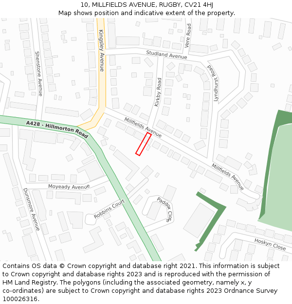 10, MILLFIELDS AVENUE, RUGBY, CV21 4HJ: Location map and indicative extent of plot