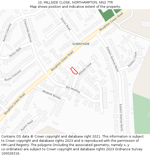 10, MILLSIDE CLOSE, NORTHAMPTON, NN2 7TR: Location map and indicative extent of plot