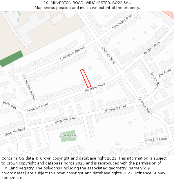 10, MILVERTON ROAD, WINCHESTER, SO22 5AU: Location map and indicative extent of plot