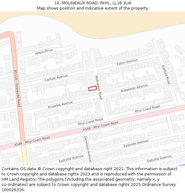 10, MOLINEAUX ROAD, RHYL, LL18 3UA: Location map and indicative extent of plot