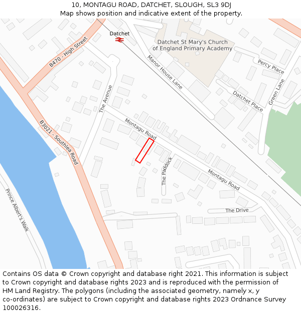 10, MONTAGU ROAD, DATCHET, SLOUGH, SL3 9DJ: Location map and indicative extent of plot