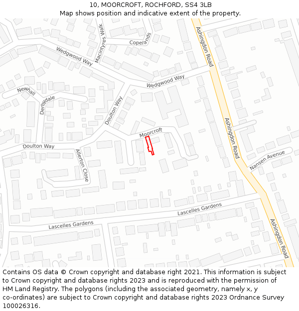 10, MOORCROFT, ROCHFORD, SS4 3LB: Location map and indicative extent of plot
