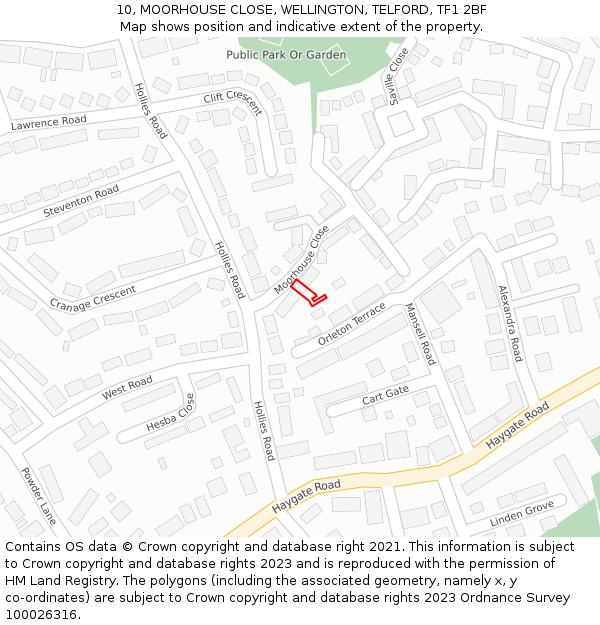 10, MOORHOUSE CLOSE, WELLINGTON, TELFORD, TF1 2BF: Location map and indicative extent of plot