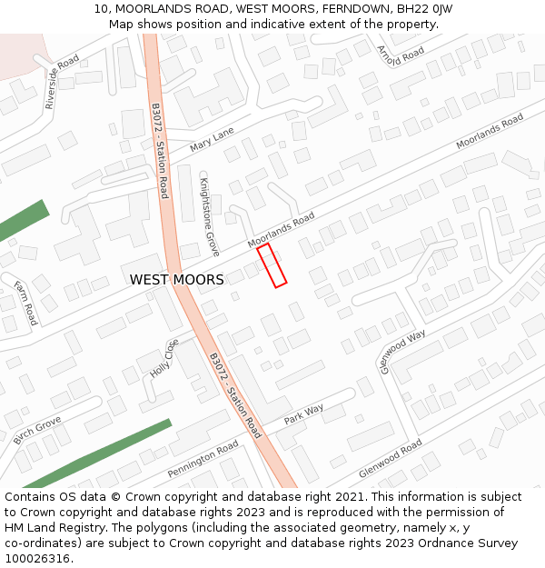 10, MOORLANDS ROAD, WEST MOORS, FERNDOWN, BH22 0JW: Location map and indicative extent of plot