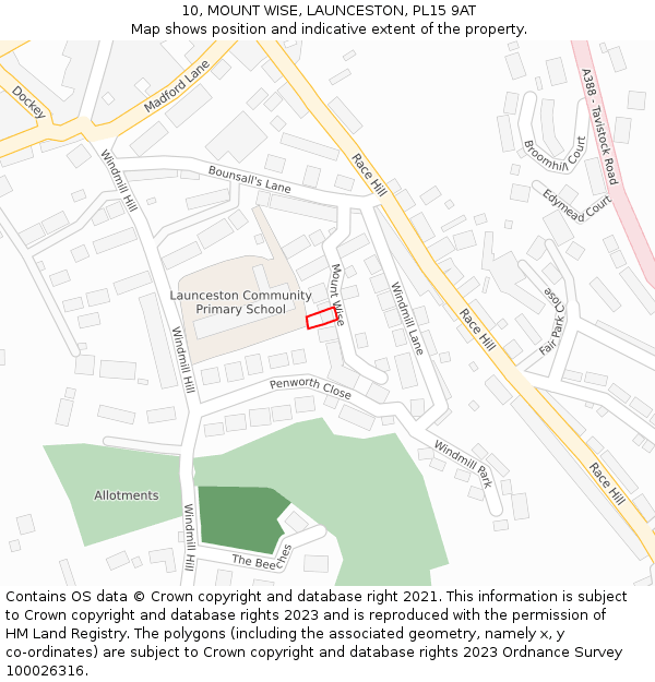 10, MOUNT WISE, LAUNCESTON, PL15 9AT: Location map and indicative extent of plot