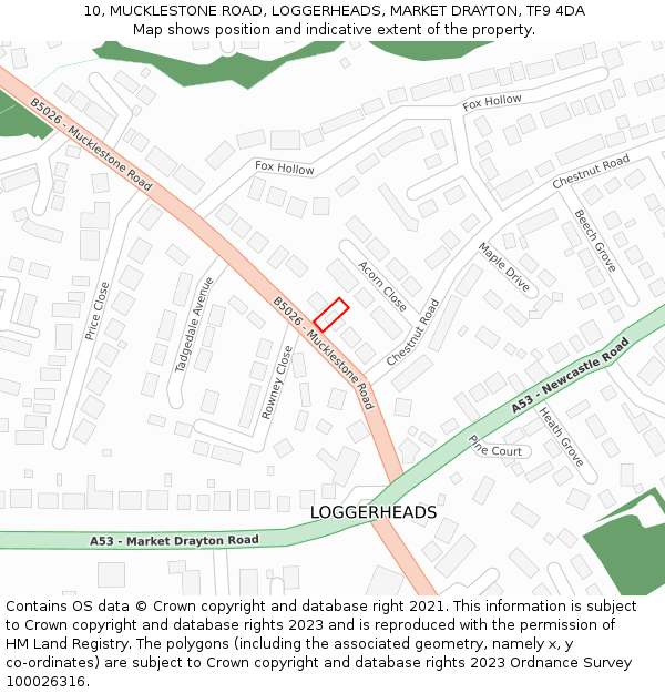 10, MUCKLESTONE ROAD, LOGGERHEADS, MARKET DRAYTON, TF9 4DA: Location map and indicative extent of plot
