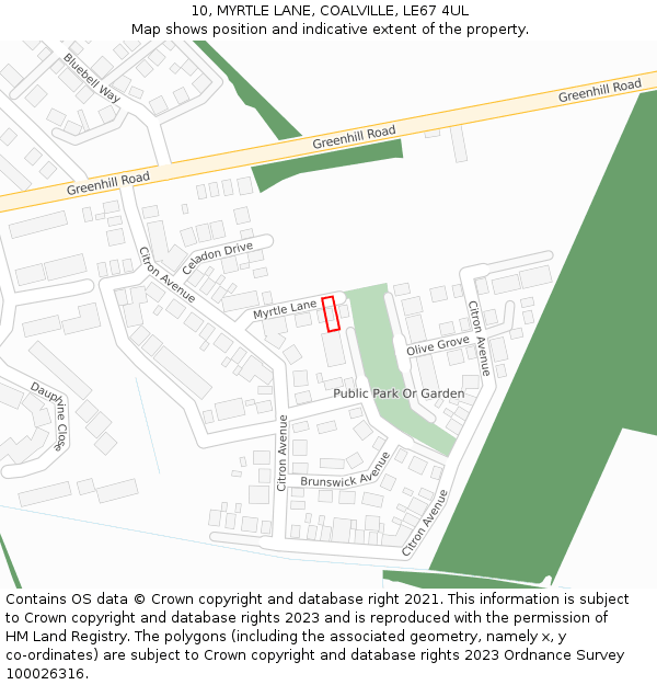 10, MYRTLE LANE, COALVILLE, LE67 4UL: Location map and indicative extent of plot